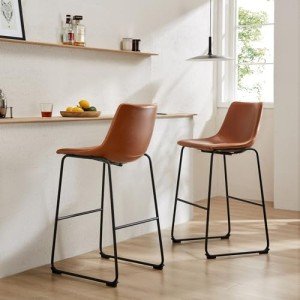 Sweetcrispy Counter Height Bar Stools Set of 2, 26 inch Leather Barstools Modern Bar Stools with Back, Counter Stool Armless Bar Chairs with Metal Legs, Footrest, Brown