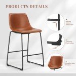Sweetcrispy Counter Height Bar Stools Set of 2, 26 inch Leather Barstools Modern Bar Stools with Back, Counter Stool Armless Bar Chairs with Metal Legs, Footrest, Brown