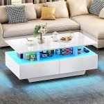 YITAHOME LED Coffee Table with Storage, Modern Coffee Tables for Living Room, High Glossy LED Coffee Table with Open Display Shelf & Sliding 4 Drawers, Rectangular Small Center Table, White