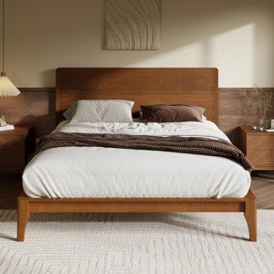 Merax Queen Size Bamboo Platform Bed, Mid-Century Modern Bed Frame with Tall Headboard, Wood Slat Support, No Box Spring Needed, Easy Assembly, Brown