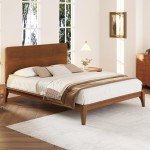 Merax Queen Size Bamboo Platform Bed, Mid-Century Modern Bed Frame with Tall Headboard, Wood Slat Support, No Box Spring Needed, Easy Assembly, Brown