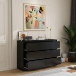 Panana Modern 6 Drawer Double Dresser, Wood Wide 6 Chest of Drawers with Deep Drawers Floor Storage Lateral Drawer Cabinet Organizer for Living Room Bedroom Home Office (Black)