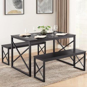 VECELO Kitchen Table with 2 Benches for 4, Wood Dining Room Dinette Sets with Metal Frame for Breakfast Nook and Small Space, Black