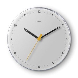 Braun Classic Analogue Wall Clock with Silent Sweeping Quartz Movement, Easy to Read, 23cm Diameter in White, Model BC26W.