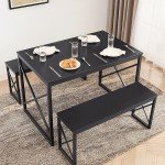 VECELO Kitchen Table with 2 Benches for 4, Wood Dining Room Dinette Sets with Metal Frame for Breakfast Nook and Small Space, Black