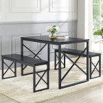 VECELO Kitchen Table with 2 Benches for 4, Wood Dining Room Dinette Sets with Metal Frame for Breakfast Nook and Small Space, Black