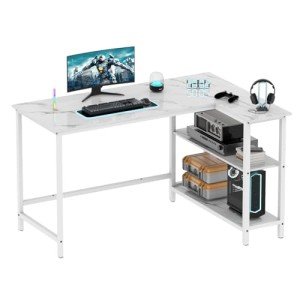 WOODYNLUX Computer Desk with Shelves, 50 Inch Gaming Writing Desk, Study PC Table Workstation with Storage for Home Office, Living Room, Bedroom, Metal Frame, White