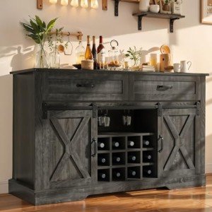 RoyalCraft 52'' Sideboard Buffet Cabinet with Storage, Farmhouse Coffee Wine Bar Cabinet with Drawers, Sliding Barn Door, Wine & Glass Rack, Console Table for Living Room, Kitchen, Rustic Dark Grey