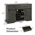 RoyalCraft 52'' Sideboard Buffet Cabinet with Storage, Farmhouse Coffee Wine Bar Cabinet with Drawers, Sliding Barn Door, Wine & Glass Rack, Console Table for Living Room, Kitchen, Rustic Dark Grey
