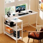WOODYNLUX Computer Desk with Shelves, 50 Inch Gaming Writing Desk, Study PC Table Workstation with Storage for Home Office, Living Room, Bedroom, Metal Frame, White