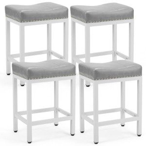DUMOS Bar Stools Set of 4, 24 inch Counter Height Saddle Stools, Upholstered Modern Kitchen Barstools with Metal Base, PU Leather for Kitchen Island, Grey
