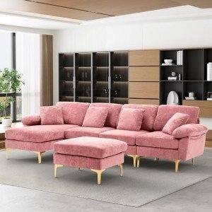 OUYESSIR U-Shaped Sectional Sofa Couch, 4 Seat Sofa Set for Living Room, Convertible L-Shaped Velvet Couch Set with Chaise Lounge, Ottoman and Pillows,114 inches (Pink)