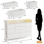Fixwal White LED Dresser for Bedroom, Dresser with 9 Drawers and Charging Station, Fabric Chest of Drawers with PU Finish, Entryway, Living Room, Hallway