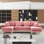 OUYESSIR U-Shaped Sectional Sofa Couch, 4 Seat Sofa Set for Living Room, Convertible L-Shaped Velvet Couch Set with Chaise Lounge, Ottoman and Pillows,114 inches (Pink)
