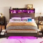 Rolanstar Queen Bed Frame with Storage Headboard, Metal Platform Charging Station, LED 4 Drawers, Bookcase Storage, No Box Spring Needed, Easy Assembly, Noise-Free, Black