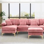 OUYESSIR U-Shaped Sectional Sofa Couch, 4 Seat Sofa Set for Living Room, Convertible L-Shaped Velvet Couch Set with Chaise Lounge, Ottoman and Pillows,114 inches (Pink)
