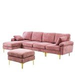 OUYESSIR U-Shaped Sectional Sofa Couch, 4 Seat Sofa Set for Living Room, Convertible L-Shaped Velvet Couch Set with Chaise Lounge, Ottoman and Pillows,114 inches (Pink)
