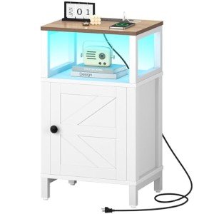 Yoobure Farmhouse Nightstand with Charging Station, Wood Night Stand End Table with USB Ports, LED Bed Side Table with Storage Cabinet, Bedside Table for Bedroom, Living Room White