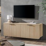 Walker Edison Modern Scandinavian Fluted Door Kitchen Storage Sideboard Buffet Cabinet Console, 69 Inch, Coastal Oak/Black
