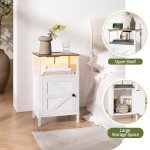 Yoobure Farmhouse Nightstand with Charging Station, Wood Night Stand End Table with USB Ports, LED Bed Side Table with Storage Cabinet, Bedside Table for Bedroom, Living Room White
