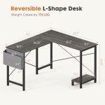 Sweetcrispy L Shaped Desk Gaming Computer 50 Inch Reversible Corner PC Work Table for Writing Study Student with Wood Tabletop Metal Frame CPU Stand Side Bag for Home Office Small Space, Grey