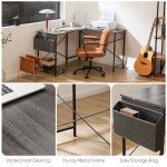 Sweetcrispy L Shaped Desk Gaming Computer 50 Inch Reversible Corner PC Work Table for Writing Study Student with Wood Tabletop Metal Frame CPU Stand Side Bag for Home Office Small Space, Grey