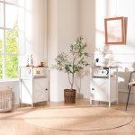 Yoobure Farmhouse Nightstand with Charging Station, Wood Night Stand End Table with USB Ports, LED Bed Side Table with Storage Cabinet, Bedside Table for Bedroom, Living Room White