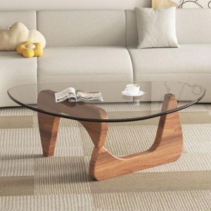 Coffee Tables for Living Room - Triangle Glass Coffee Table with Wooden Base Mid-Century Modern Abstract End Table for Study Room Office Hotel Balcony (Walnut Transparent, Large 50 * 35.8 * 16in)