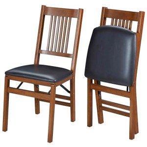 MECO Stakmore True Mission Wooden Folding Chairs with Padded Seats, Set of 2 - No Assembly Foldable Dining Chairs, Steel Folding Mechanism, Upholstered Cushion, Space-Saving, Fruitwood Frame