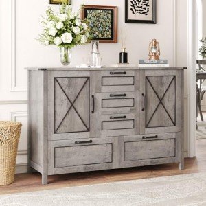 Maupvit Buffet Cabinet, Sideboard Cabinet with 2 Doors and 5 Drawers, Farmhouse Buffet Table with Storage for Kitchen, Wood Buffet Coffee Bar Table for Dining Room, Grey