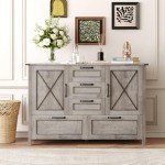 Maupvit Buffet Cabinet, Sideboard Cabinet with 2 Doors and 5 Drawers, Farmhouse Buffet Table with Storage for Kitchen, Wood Buffet Coffee Bar Table for Dining Room, Grey