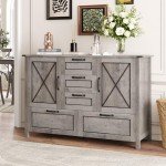 Maupvit Buffet Cabinet, Sideboard Cabinet with 2 Doors and 5 Drawers, Farmhouse Buffet Table with Storage for Kitchen, Wood Buffet Coffee Bar Table for Dining Room, Grey