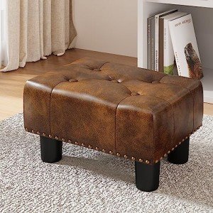 LUE BONA Small Tufted Foot Stool, Yellowish Brown Rivet Faux Leather Footrest with Plastic Legs, 9''H, Rectangle Foot Stools for Adult with Non-Slip Pads, Sofa Footstool for Living Room, Couch