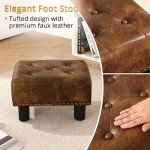 LUE BONA Small Tufted Foot Stool, Yellowish Brown Rivet Faux Leather Footrest with Plastic Legs, 9''H, Rectangle Foot Stools for Adult with Non-Slip Pads, Sofa Footstool for Living Room, Couch