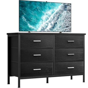BOLUO Black Dresser for Bedroom 6 Drawer, Wide Dresser TV Stand for 50" TV Dressers & Chests of Drawers Fabric Dresser for Closet Modern