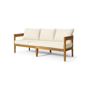 Christopher Knight Home Brooklyn Outdoor 3 Seater Sofa with Cushions - Acacia Wood - Teak/Beige