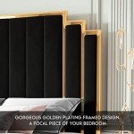 HOWE Queen Size Bed Frame and 61" Headboard, Upholstered Bed with Golden Plating Trim, Modern Platform Bed No Box Spring Needed, Black