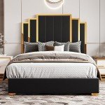 HOWE Queen Size Bed Frame and 61" Headboard, Upholstered Bed with Golden Plating Trim, Modern Platform Bed No Box Spring Needed, Black
