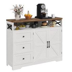 Befrases Farmhouse Buffet Cabinet with Drawers & Open Shelf, Sideboard with Storage, Kitchen Pantry Cabinet Hutch, Coffee Bar Station for Kitchen, Dining Room, Living Room, 47" L White
