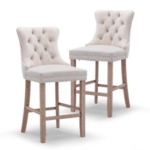 JETEAGO Bar Stools Set of 2, Velvet Upholstered Bar Stool for Kitchen Island, Counter Stools with Nailhead Trim, Beige
