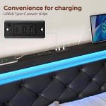 Rolanstar Full Bed Frame with LED Lights and Charging Station, PU Leather Bed with Drawers, Wooden Slats, Noise Free, Easy Assembly, Black
