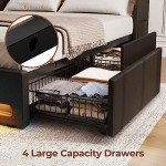 Rolanstar Full Bed Frame with LED Lights and Charging Station, PU Leather Bed with Drawers, Wooden Slats, Noise Free, Easy Assembly, Black