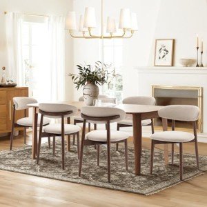 COLAMY Wooden Dining Chairs Set of 6, Modern Fabric Upholstered Dining Room Chair, Farmhouse Kitchen Side Chairs with Foot Pegs, Beige