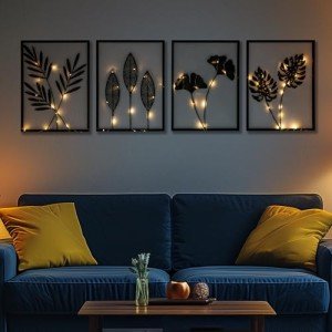 QXSXKJ Metal Wall Art, Black Frame Decor With Light Strips, 4pack Modern Farmhouse, 3d Metal Wall Ginkgo Decor With Lamp for Living Room Bedroom Kitchen Office (16x11)