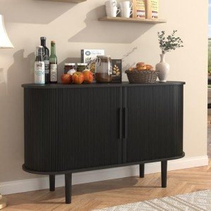 BOMETAO 47'' Sideboard Tambour Buffet Cabinet with Storage, Storage Cabinets with Sliding Doors and Handles, Adjustable Shelves, Modern Accent Coffee Bar Console Table for Kitchen, Living Room, Black