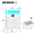 Furologee Nightstands Set of 2, End Tables Set of 2 with Charging Station and LED Lights, White Night Stands with 2 Fabric Drawers, Bedside Tables for Living Room/Bedroom