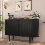 BOMETAO 47'' Sideboard Tambour Buffet Cabinet with Storage, Storage Cabinets with Sliding Doors and Handles, Adjustable Shelves, Modern Accent Coffee Bar Console Table for Kitchen, Living Room, Black