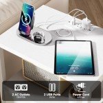 Furologee Nightstands Set of 2, End Tables Set of 2 with Charging Station and LED Lights, White Night Stands with 2 Fabric Drawers, Bedside Tables for Living Room/Bedroom