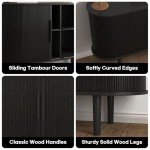 BOMETAO 47'' Sideboard Tambour Buffet Cabinet with Storage, Storage Cabinets with Sliding Doors and Handles, Adjustable Shelves, Modern Accent Coffee Bar Console Table for Kitchen, Living Room, Black