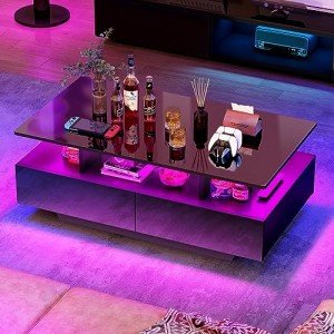 YITAHOME LED Coffee Table with Storage, High Glossy LED Coffee Tables for Living Room, Modern Black Rectangle Coffe Table, Small Center Table with Open Display Shelf & Sliding Drawers, Black